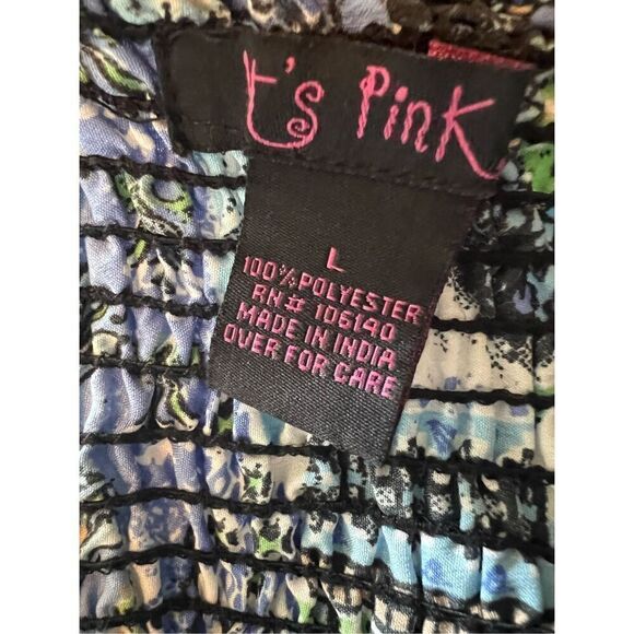 It's Pink Blue Green White Mixed Print Boho Mini Dress w Pockets Large - Picture 5 of 9